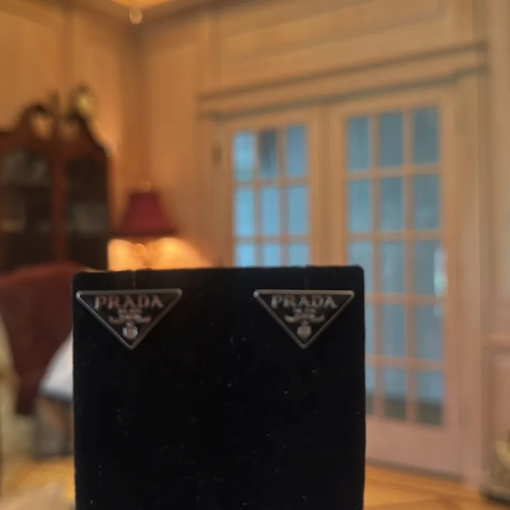 Prada Black and Silver Triangle Logo Stud Earrings signed in back - Picture 3 of 4